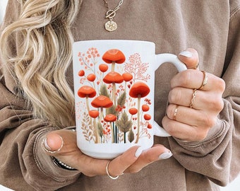 Vintage Mushroom Cottagecore Coffee Mug,Pressed Flowers Mug,Rustic Floral Nature Mug,Wildflower Tea Cup, Flower Garden Lover,Gift for Her