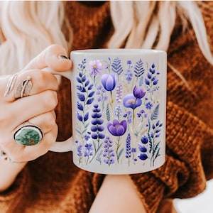 Boho Lila Vildblommor Cottagecore Kaffemugg, Blommor Mugg, Pastell Blommig Natur Mugg, Vildblommor Tekopp, Blomsterträdgårdsälskare, Present till henne bild 5