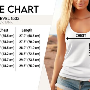 May include: Size chart for a racerback tank top. The chart shows the size, chest measurement in inches and centimeters, and length measurement in inches and centimeters. Sizes include XS, S, M, L, XL, and 2XL.
