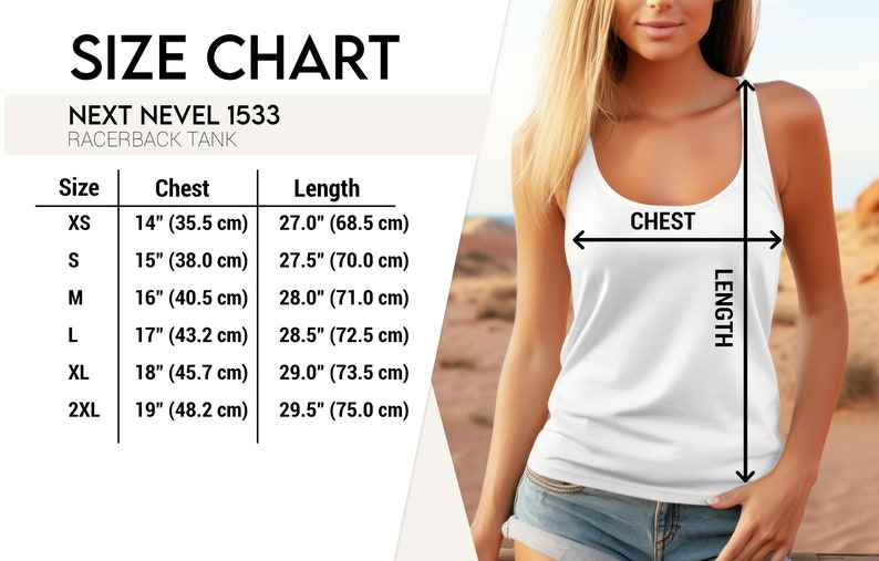 May include: Size chart for a racerback tank top. The chart shows the size, chest measurement in inches and centimeters, and length measurement in inches and centimeters. Sizes include XS, S, M, L, XL, and 2XL.