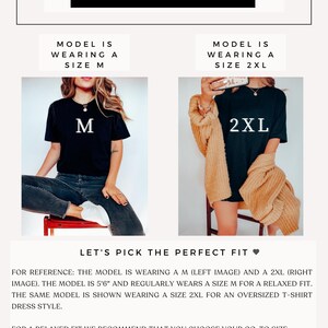 May include: Size guide graphic with text and images. The text reads "Size Guide" at the top. Two images show a model wearing a size M and a size 2XL t-shirt. The text below says "Let's pick the perfect fit."