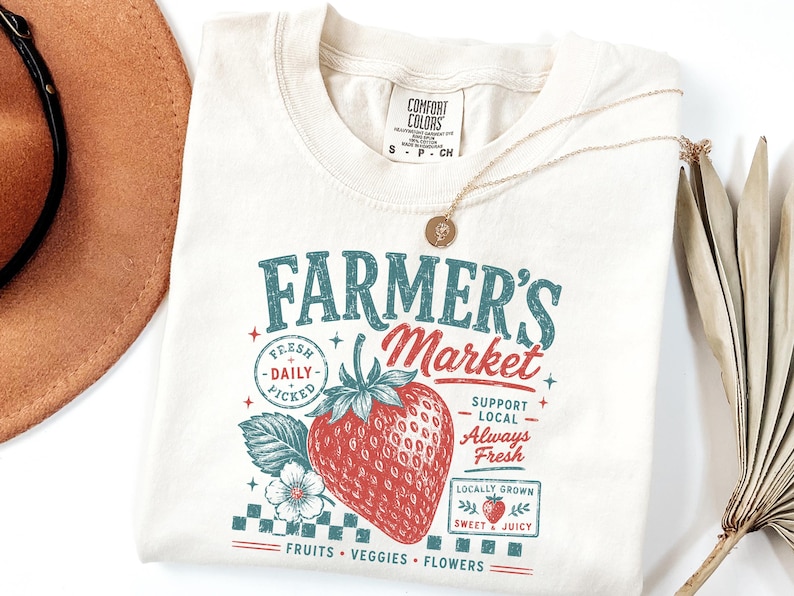 Vintage Farmers Market Shirt, Retro Strawberry T-Shirt, Cottagecore Graphic Tee Local Always Fresh Comfort Colors, Fruit Aesthetic Tshirt image 5