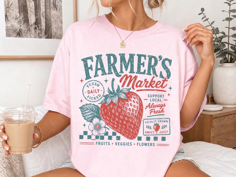 May include: A light pink t-shirt featuring a graphic print with the text Farmer's Market, Fresh Daily Picked, Support Local, Always Fresh, Locally Grown, Sweet & Juicy, and Fruits, Veggies, Flowers, centered around a large red strawberry illustration.