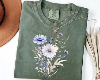 Comfort Colors® Blue Flower Bouquet Shirt, Flower Lover Shirt, Retro Floral Shirt, Flower Shirt, Plant Ladies Shirt, Gift for Nature Lover