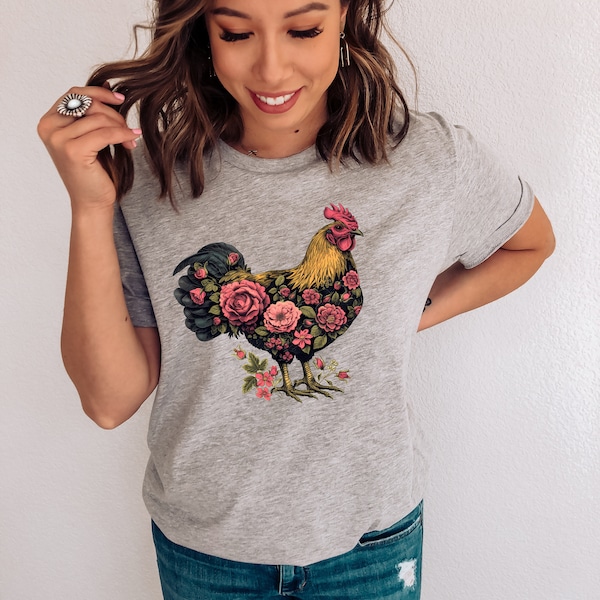 Floral chicken mom shirt, nature shirt, homesteading shirt, crazy chicken lady, wildlife, farm shirt, chicken mama, outdoorsy, rooster shirt