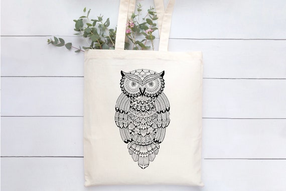 Owl mandala canvas tote bag, shoulder bag, bird lover gift, reusable grocery bag, shopping bag, owl market bag, travel bag, hiking bag