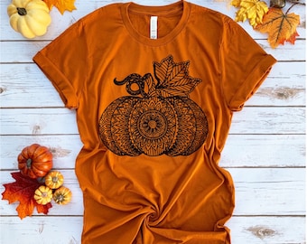 Mandala pumpkin tee, fall pumpkin shirt, fall womens tshirt, fall mandala shirt, large pumpkin tee, autumn pumpkin shirt,black pumpkin shirt
