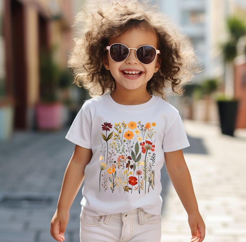 May include: A white t-shirt with a colorful floral print featuring various flowers, leaves, and stems. The shirt has short sleeves and a crew neck.
