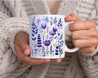 Boho Lila Vildblommor Cottagecore Kaffemugg, Blommor Mugg, Pastell Blommig Natur Mugg, Vildblommor Tekopp, Blomsterträdgårdsälskare, Present till henne