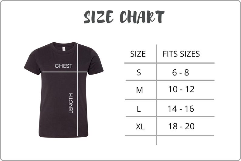 May include: A black t-shirt with a size chart. The chart lists sizes S, M, L, and XL, with corresponding fit sizes ranging from 6-8 to 18-20. The text "SIZE CHART" is at the top.