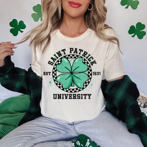 St. Patrick varsity shirt, St. Patrick&#39;s Day shirt, smiley face, shamrock shirt, four-leaf clover sweatshirt, clover shirt, Irish gifts
