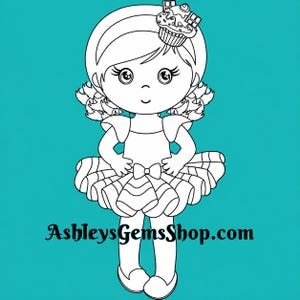 May include: A black and white line art illustration of a doll with a cupcake hair accessory, wearing a dress with a ruffled skirt and a bow at the waist. The text AshleysGemsShop.com is printed in black at the bottom of the character illustration.