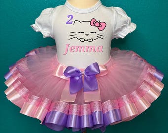Vestido de cumpleaños de gatito personalizado con tutú