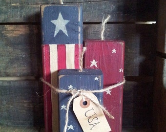 Set of 3 Primitive Wooden Firecrackers Americana