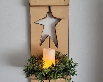 Primitive Star Wooden Shutter Shelf Candle Sconce