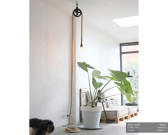 Industrial Wall Light Plug In Pendant Adjustable Floor Lamp Pulley Rope Swag Lighting Farmhouse Hanging Bedside Lamp Living Room Bedroom