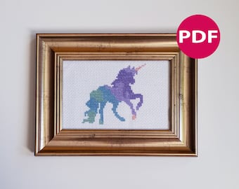 May include: A framed cross-stitch of a colorful unicorn with a gold horn. The unicorn is purple, blue, green, and pink. The frame is gold.