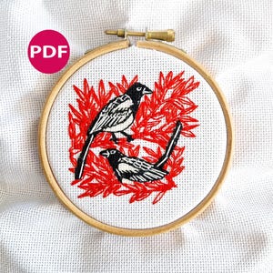 Magpie Cross Stitch Pattern – Two for Joy, Bird Embroidery (PDF)