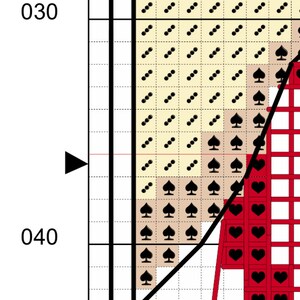 Preview of PDF cross stitch pattern chart for 'The Hooker' design, showing full colour symbols and grid lines.