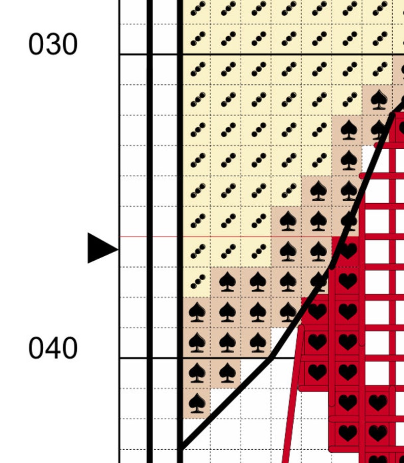 Preview of PDF cross stitch pattern chart for 'The Hooker' design, showing full colour symbols and grid lines.