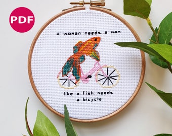 Like a fish needs a bicycle - Feminist cross stitch - PDF Pattern, Instant Download