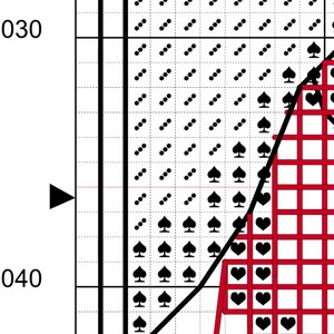 Preview of PDF cross stitch pattern chart for 'The Hooker' design, showing symbols only and grid lines.