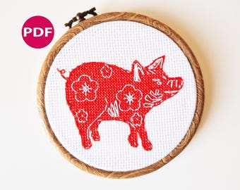 Year of the Pig - Chinese zodiac cross stitch - PDF Pattern, Instant Download