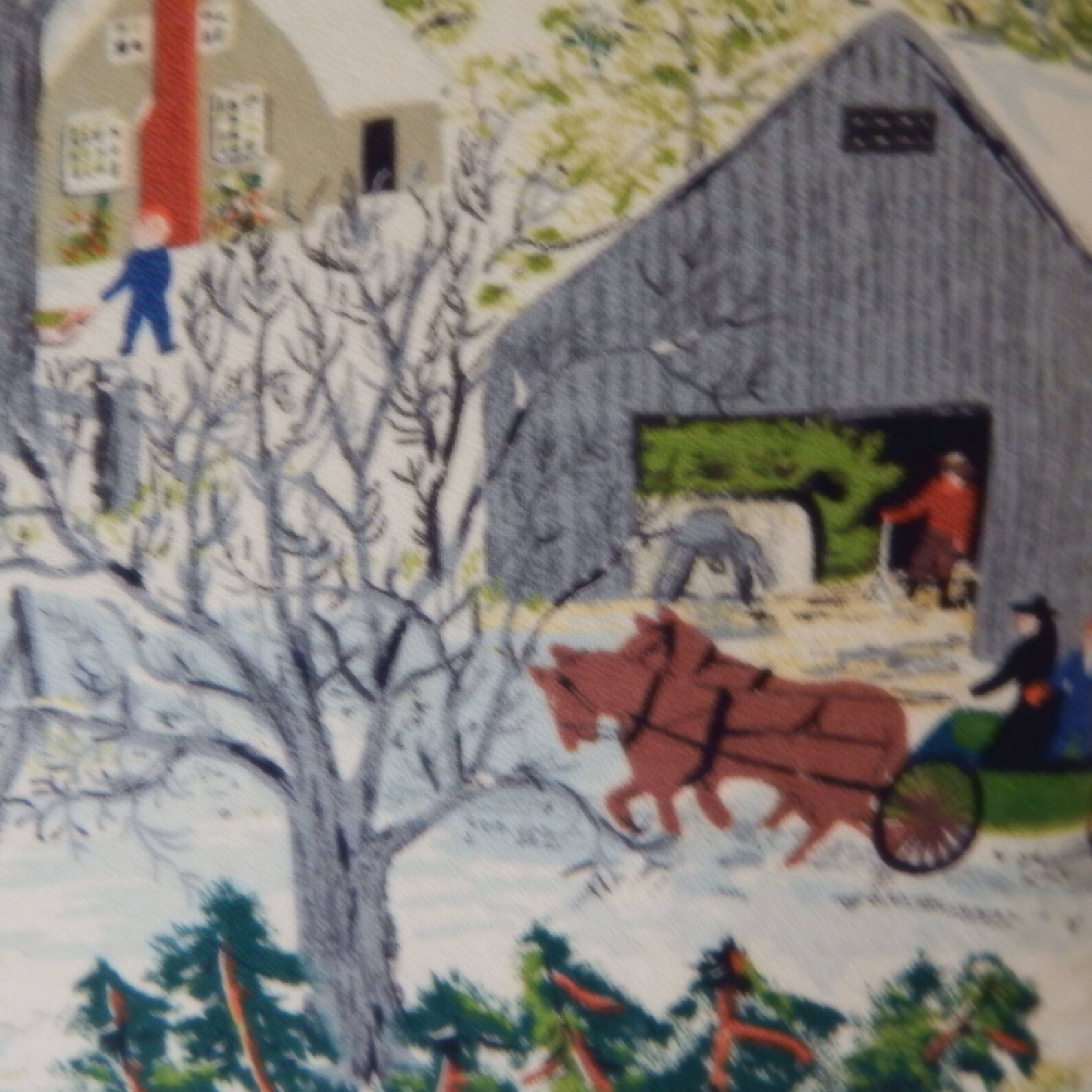 Grandma Moses Barkcloth Pillow Early Springtime on the Etsy