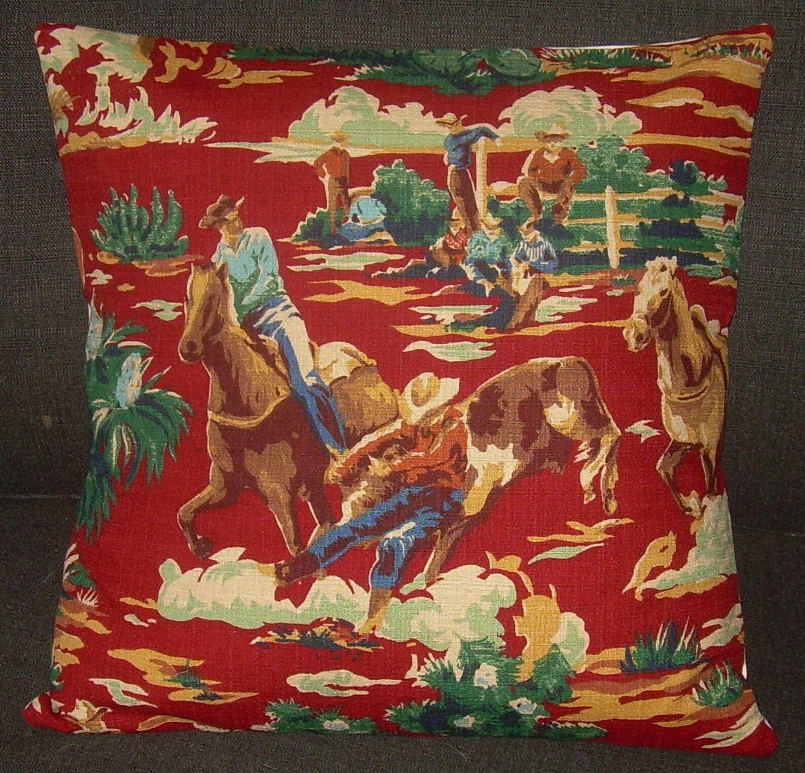 Western Pillow Cover Barkcloth Ride'm Cowboy Etsy