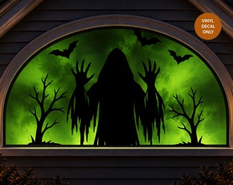 Halloween Window Decal, Large Grim Reaper Silhouette Vinyl Decal, Spooky Window Decoration, Haunted House Halloween Decor
