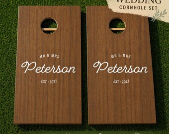 Personalized Wedding Cornhole Decals Set of 2 | Mr & Mrs Cornhole Boards | Custom Last Name and Date | Rustic Wedding Lawn Game