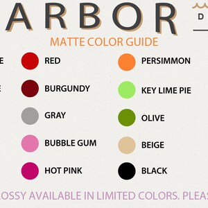 Op de afbeelding: Matte kleurenkaart voor Harbor Design Co. met kleurstalen voor poederblauw, rood, verkeersblauw, turquoise, teal, geel, wit, bordeauxrood, grijs, kauwgom, roze, zwart, kaki, limoen, olijf, beige, lila, lavendel, anjer, zilver en goud.