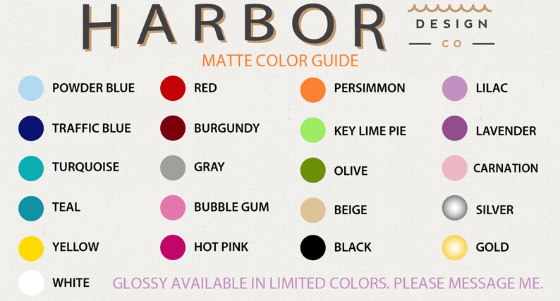 Op de afbeelding: Matte kleurenkaart voor Harbor Design Co. met kleurstalen voor poederblauw, rood, verkeersblauw, turquoise, teal, geel, wit, bordeauxrood, grijs, kauwgom, roze, zwart, kaki, limoen, olijf, beige, lila, lavendel, anjer, zilver en goud.
