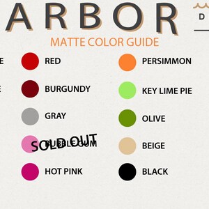 Puede incluir: Una gu&iacute;a de colores mate de Harbor Design Co. que presenta una cuadr&iacute;cula de c&iacute;rculos de colores con etiquetas que incluyen Powder Blue, Red, Persimmon, Lilac, Traffic Blue, Burgundy, Key Lime Pie, Lavender, Turquoise, Gray, Olive, Carnation, Teal, Bubblegum, Beige, Silver, Yellow, Hot Pink, Black, Gold y White.