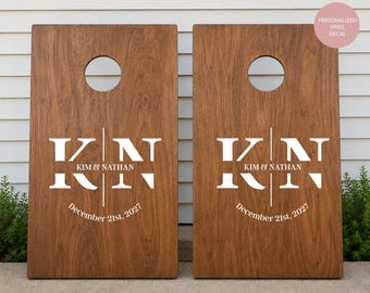 Custom Wedding Cornhole Decals | Personalized Monogram Cornhole Board Decal Set | Family Name & Wedding Date | DIY Wedding Lawn Game Vinyl