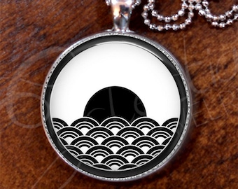 Harmony Black n White-#8/Japanese Pattern/Pendant/Silver Plate/Bold Necklace, 24 inch length