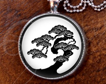 Harmony Black n White-#6/Zen Garden Pattern/Pendant/Silver Plate/Oriental Style Necklace, 24 inch length
