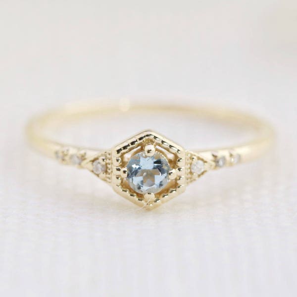 14k gold aquamarine engagement ring, genuine aquamarine ring, dainty unique alternative engagement ring, march birthstone ring gift, simple