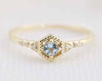 14k gold aquamarine engagement ring, genuine aquamarine ring, dainty unique alternative engagement ring, march birthstone ring gift, simple