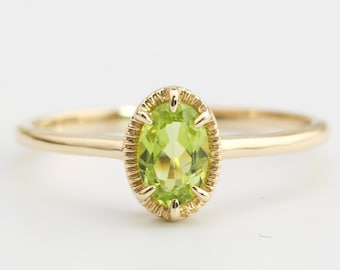 14k gold peridot ring, oval stone ring, august birthstone, gift for her, genuine green peridot