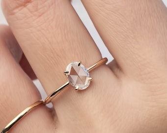 Anel de noivado com diamante natural oval lapidado em rosa, Anel de noivado solitário com diamante, Anel de diamante minimalista, Anel de noivado simples, Ouro 14k