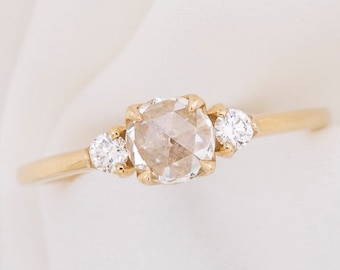 Classic rose cut diamond ring three stone ring, delicate minimal engagement ring, Simple traditional ring, rose cut diamond ring, 14k gold