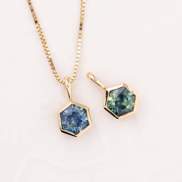 Montana Saphir Hexagon Charme, Blau Grün Edelstein Halskette, Bezel Solitaire Anhänger, Zierlich einfach, ein von einer Art, 585 Gold