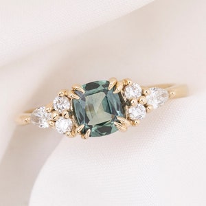 Cushion Cut Green Sapphire Diamond Ring, Light Green Montana Sapphire, Unique 1ct ring, Vintage inspired Montana Sapphire engagement, Gold