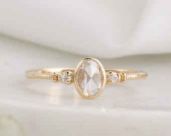Small natural rose cut diamond engagement ring, Oval rose cut diamond, Bezel setting, Vintage inspired three stone ring, 14k gold ring