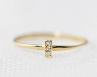 White diamond bar ring, Three diamond bar ring, tiny diamond stack ring, simple minimalist stacking ring, solid 14k yellow, rose, white gold