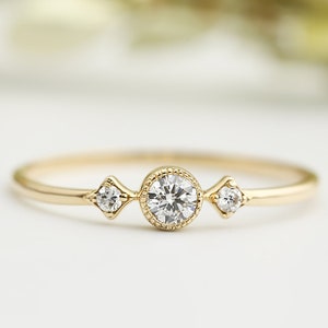 14k gold unique diamond engagement ring, solid 14k delicate gold engagement ring, vintage antique inspired ring, 0.12ct G SI diamond ring image 2