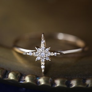 SALE | Size 4, Starburst diamond ring, star diamond cluster ring, solid 14k yellow gold, delicate diamond ring, unique statement gold ring