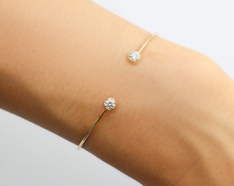 Diamond and gold open cuff bangle, 14k gold round diamond open cuff bracelet, 3mm white diamond cuff bracelet, rose gold, white gold option