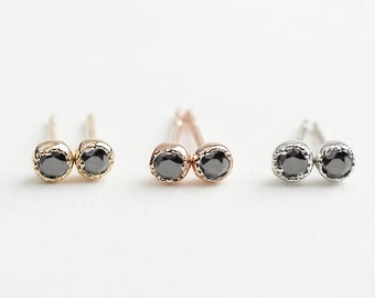 14k gold black diamond stud earrings, natural black diamond earrings, dainty minimal studs, 1.5mm 2mm, 14k solid gold, rose gold, white gold